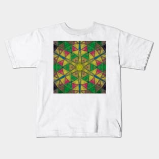 Mosaic Kaleidoscope Flower Yellow Green Pink and Blue Kids T-Shirt